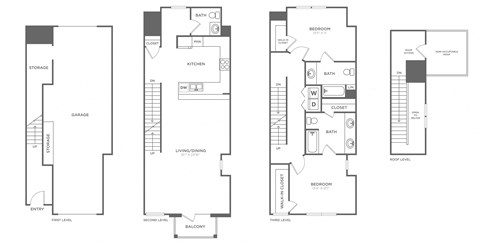 three floor plans of a house with different layouts of rooms and a staircase